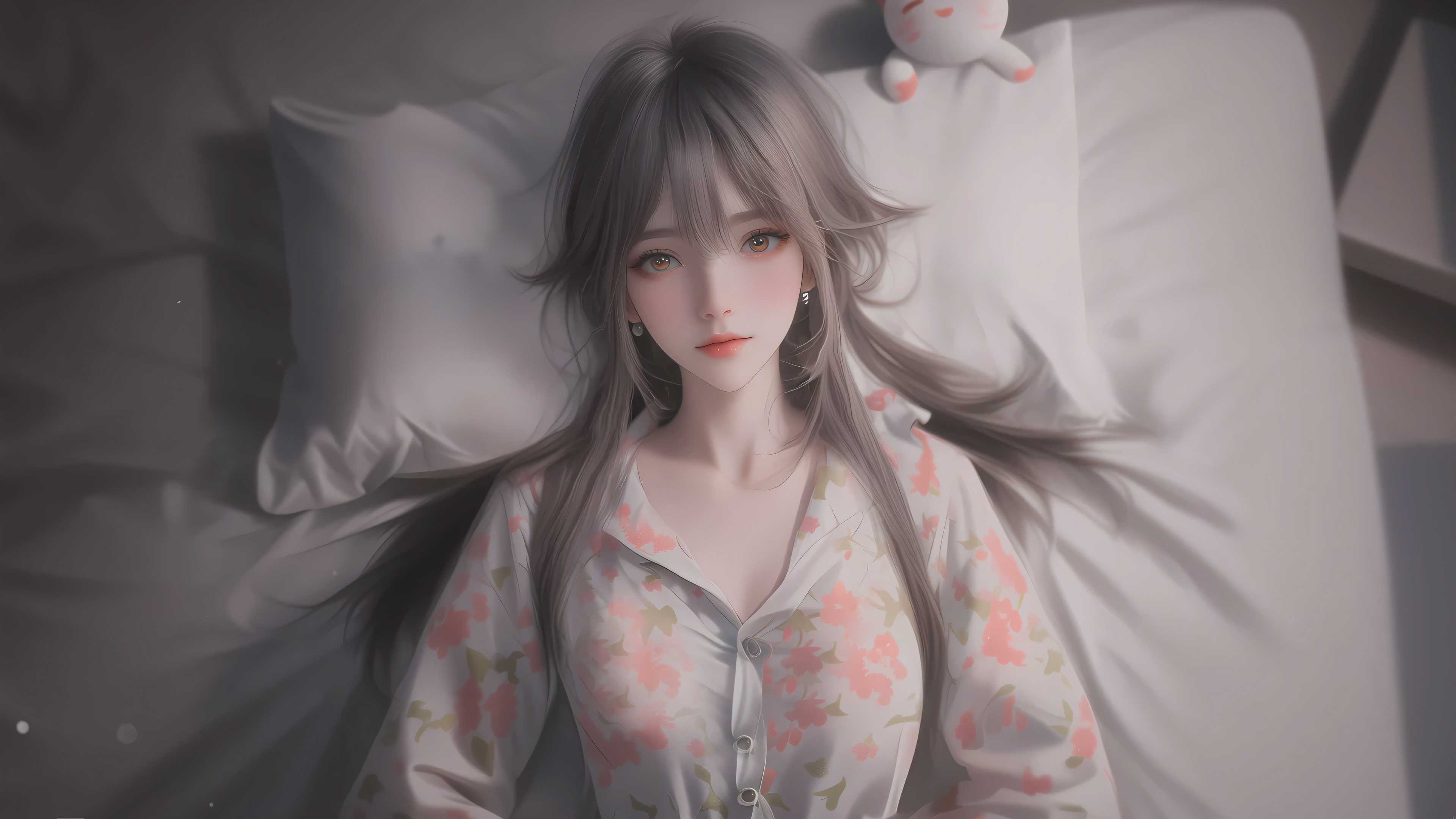 男友视觉，躺在床上看着你的高颜值AI美女印花衫美女高清壁纸图片